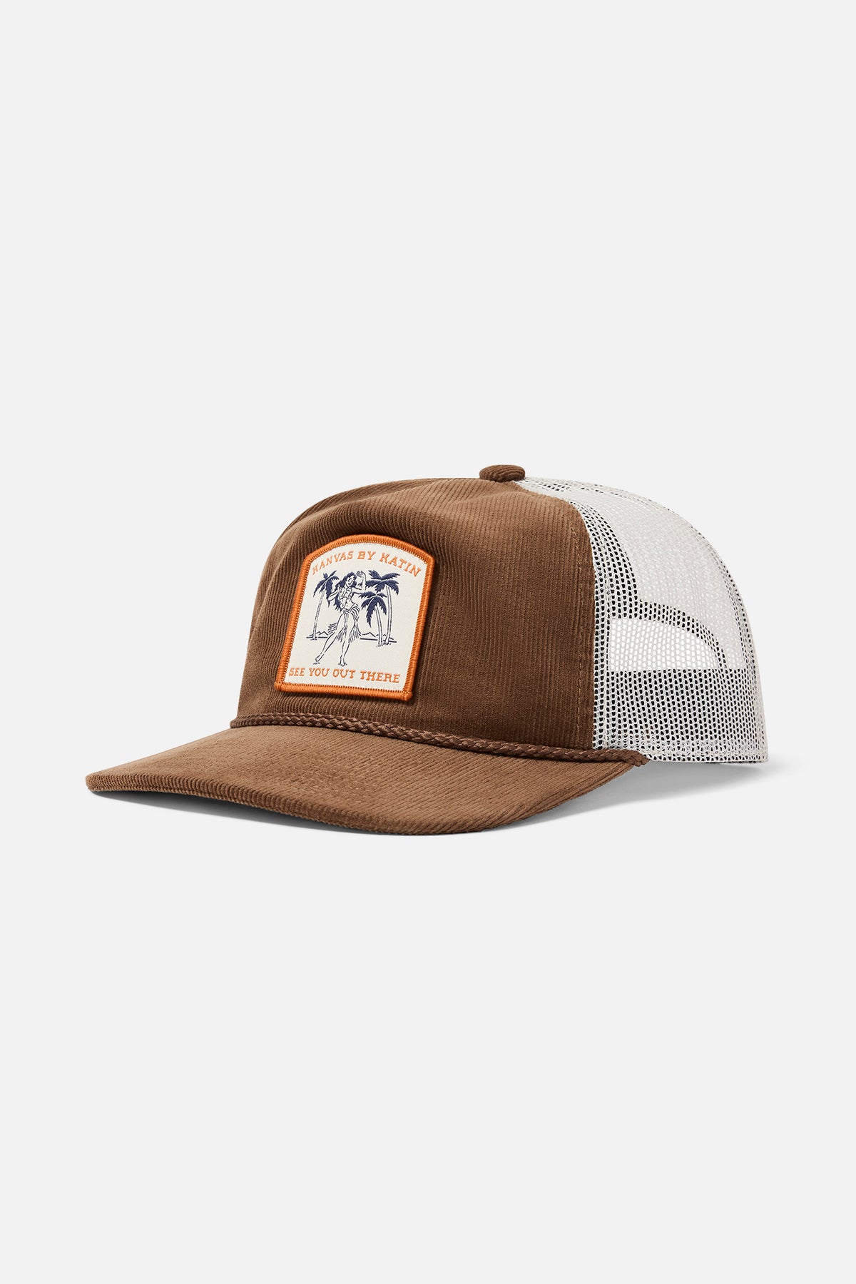 Brown trucker cap with a patch on a white background