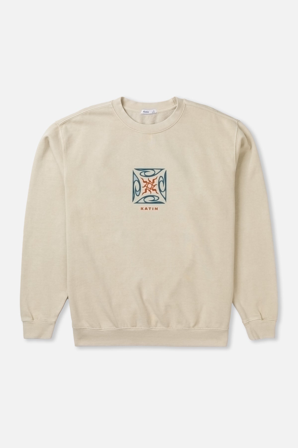 Beige sweatshirt with a graphic design on a white background