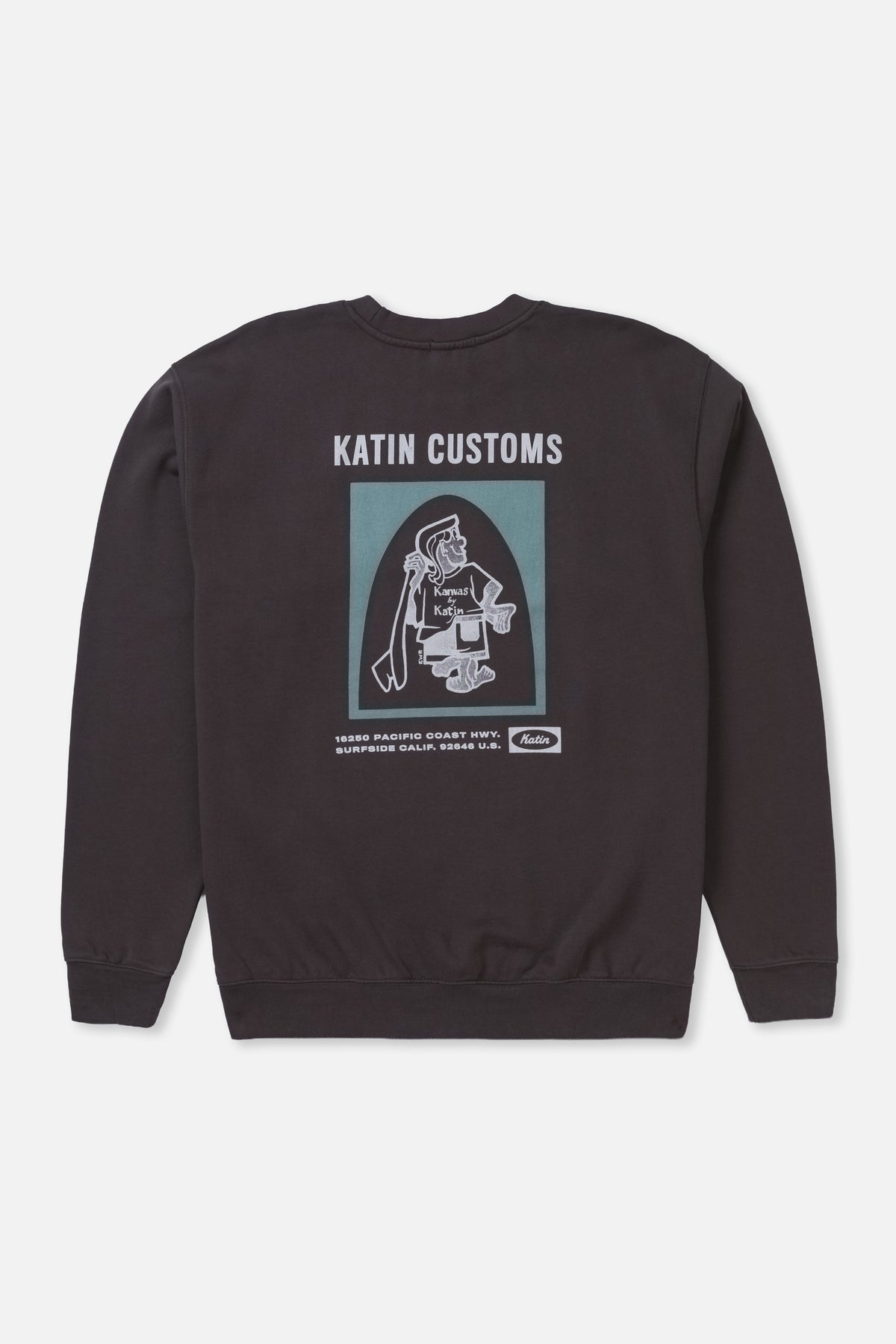 Black sweatshirt with graphic design and 'Katin Customs' text on a white background