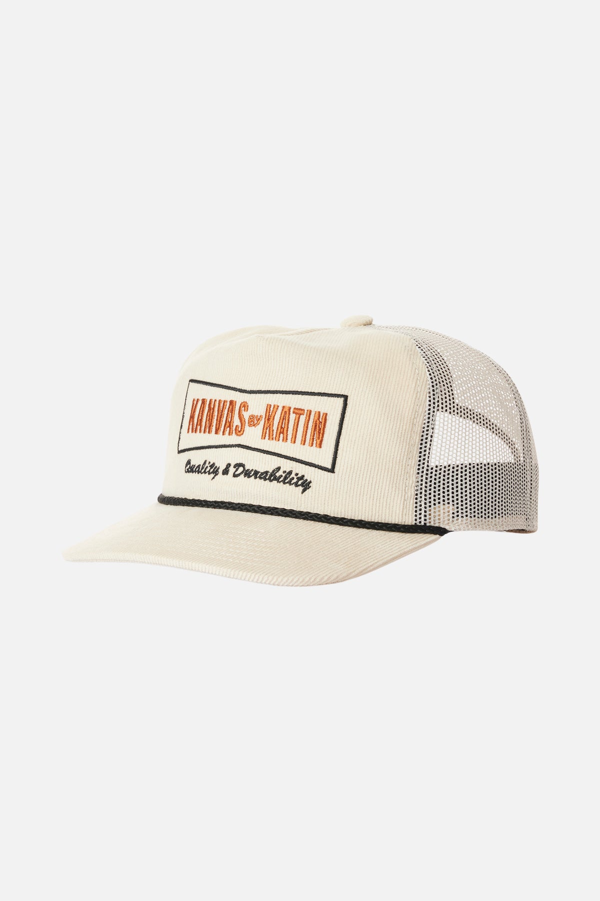 Beige trucker hat with mesh back and visible branding on a white background