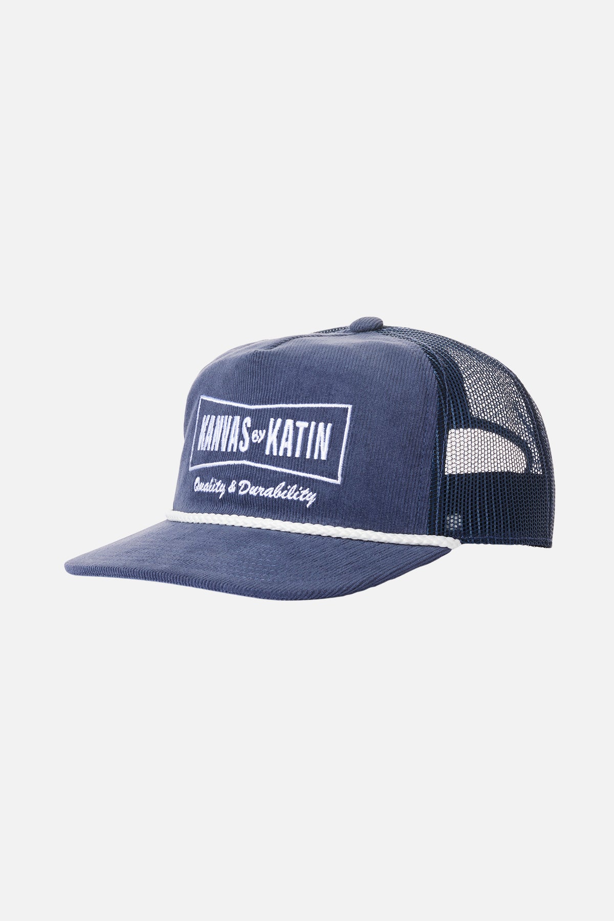 Blue trucker cap with brand logo on a white background