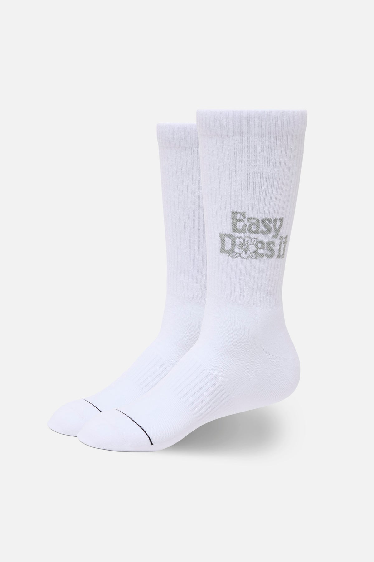 White socks with 'Easy Does It' text on a white background