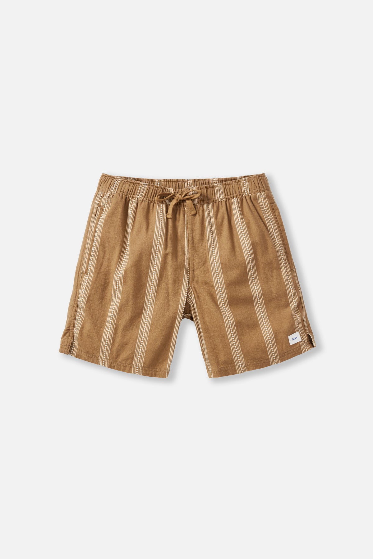 Brown shorts with a white stripe pattern on a white background