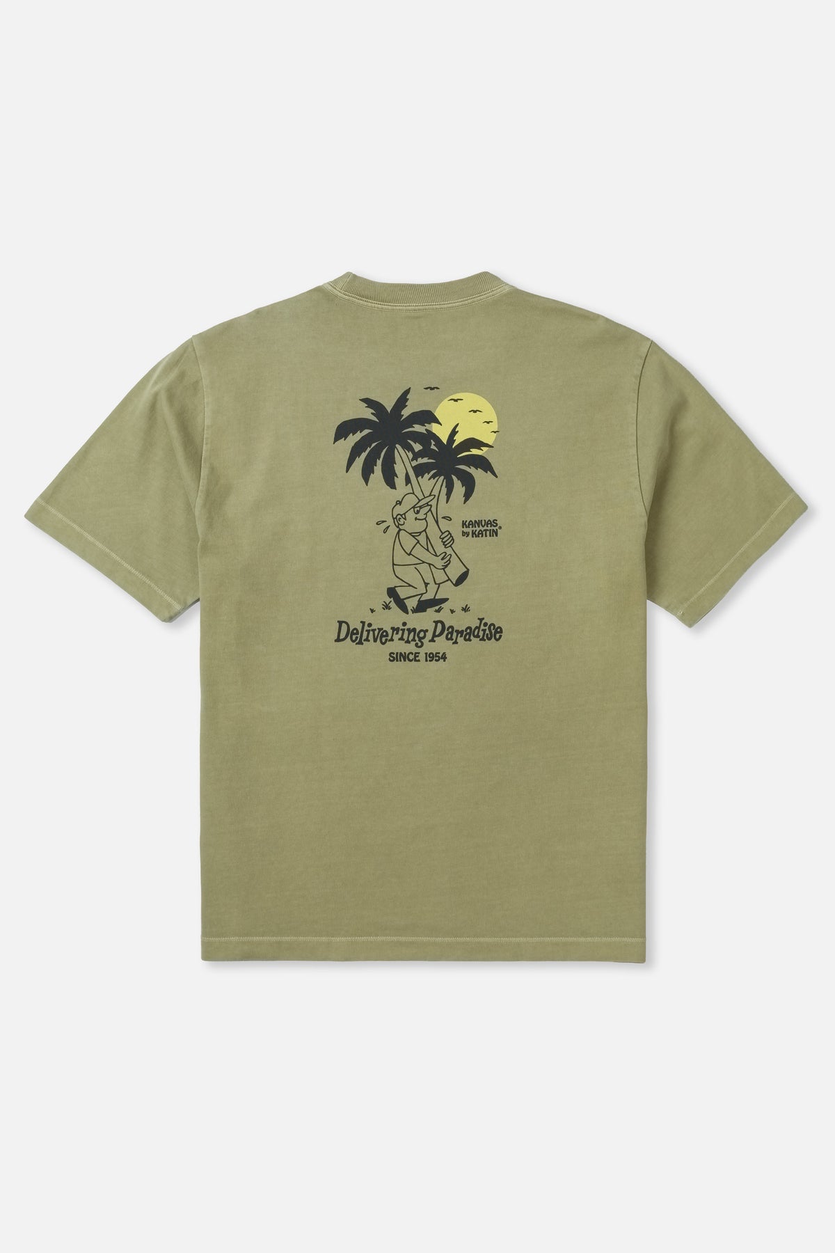 Green t-shirt with a graphic design on the back featuring palm trees and text, on a white background.