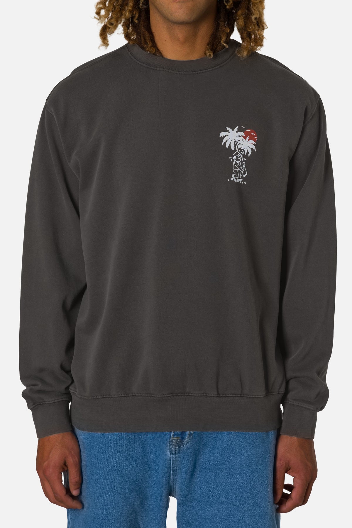 Person wearing a dark gray sweatshirt with a small graphic on the chest against a plain background