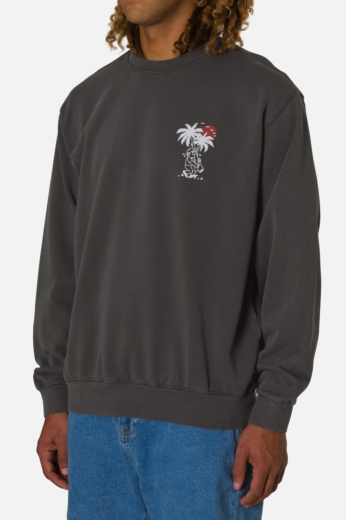 Person wearing a dark gray sweatshirt with a palm tree design on a plain background