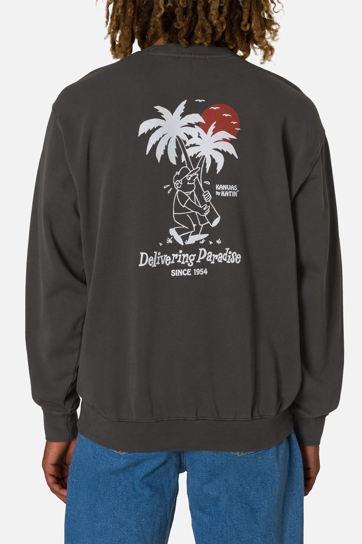 Person wearing a dark gray sweatshirt with a graphic design on the back, standing against a plain background.