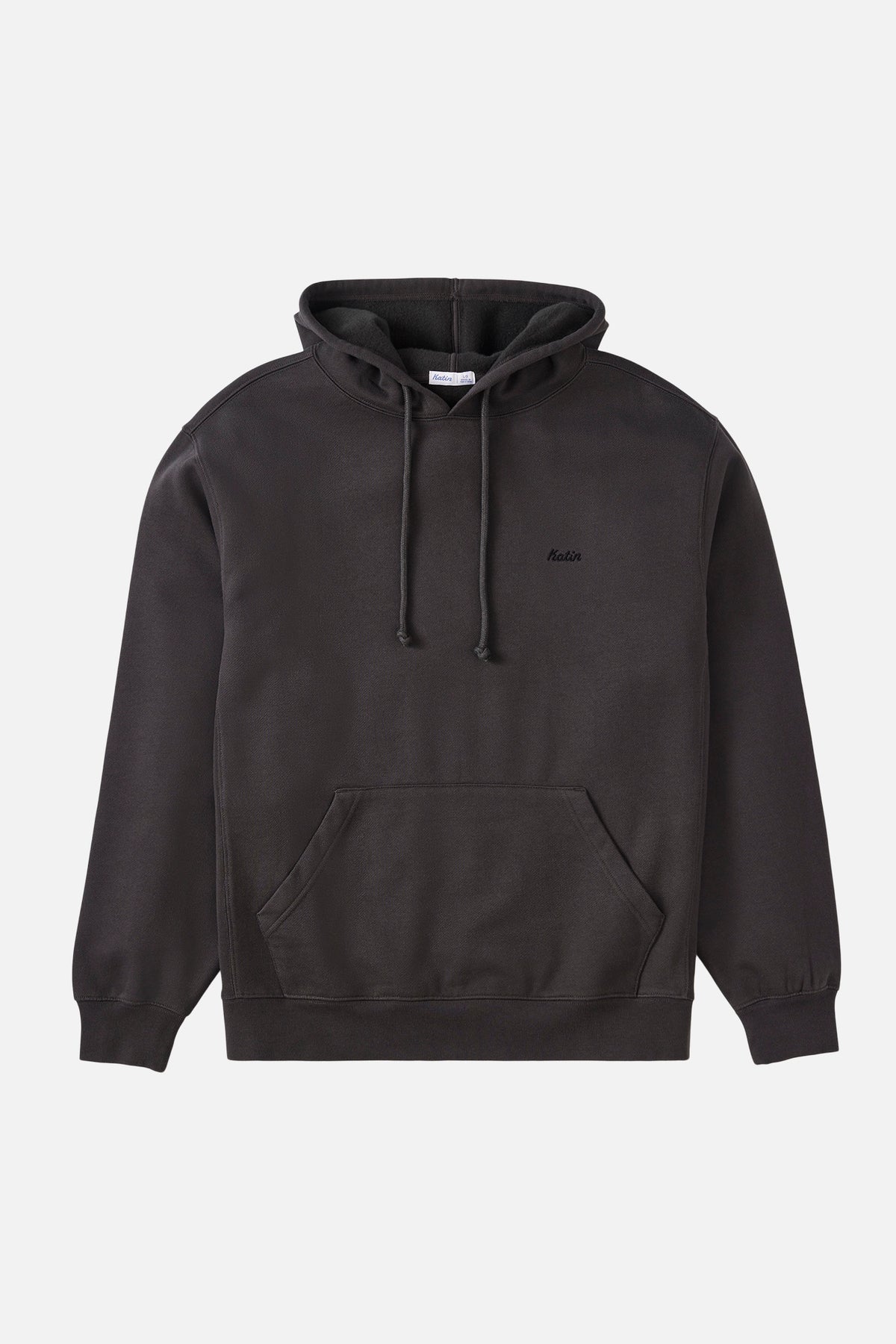 Black wash hoodie sweatshirt with an embroidered Katin logo on a white background