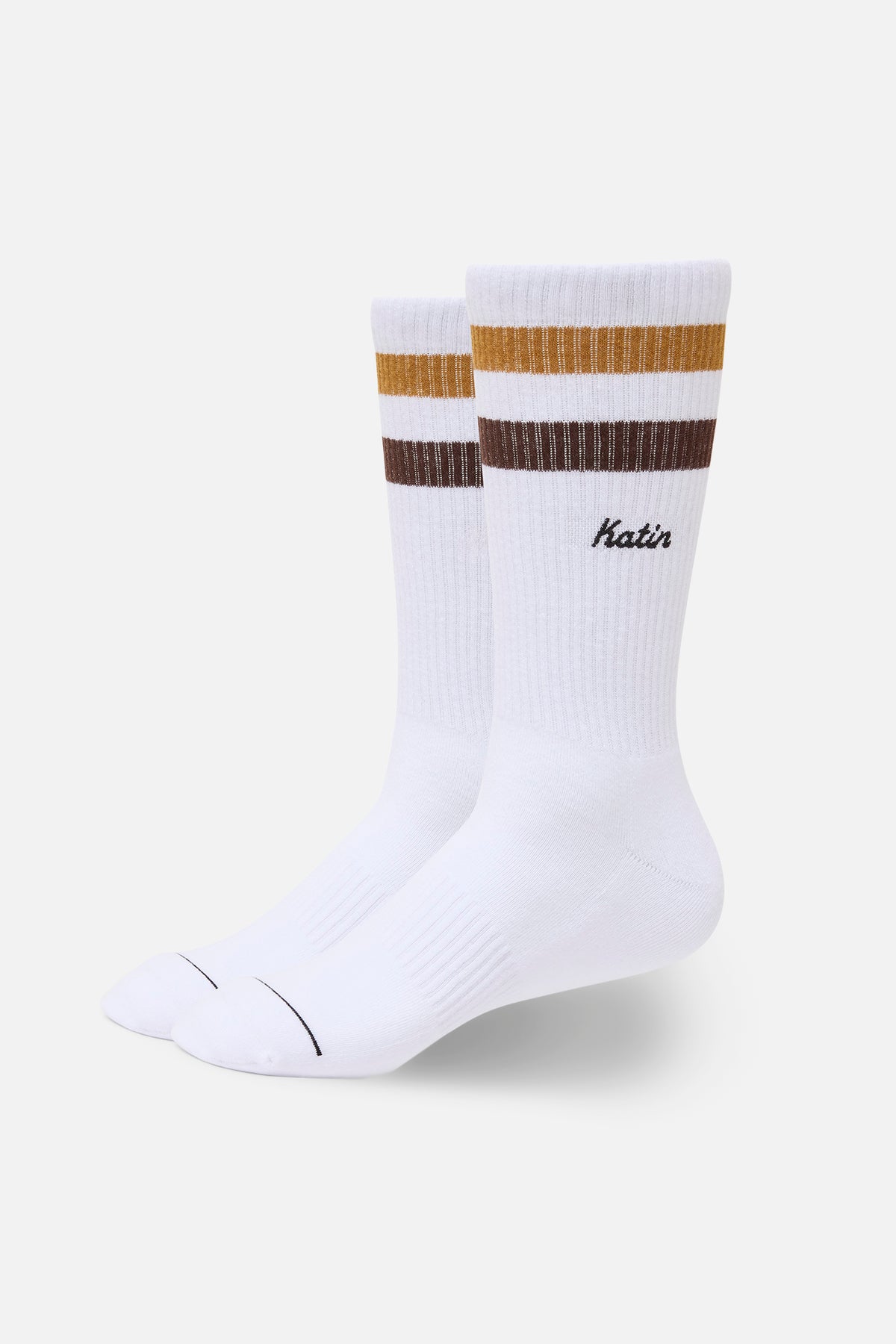 White socks with brown and gold stripes on a white background