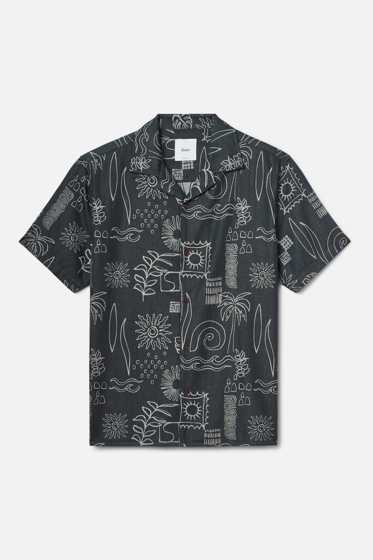 Black short-sleeve shirt with white abstract pattern on a white background