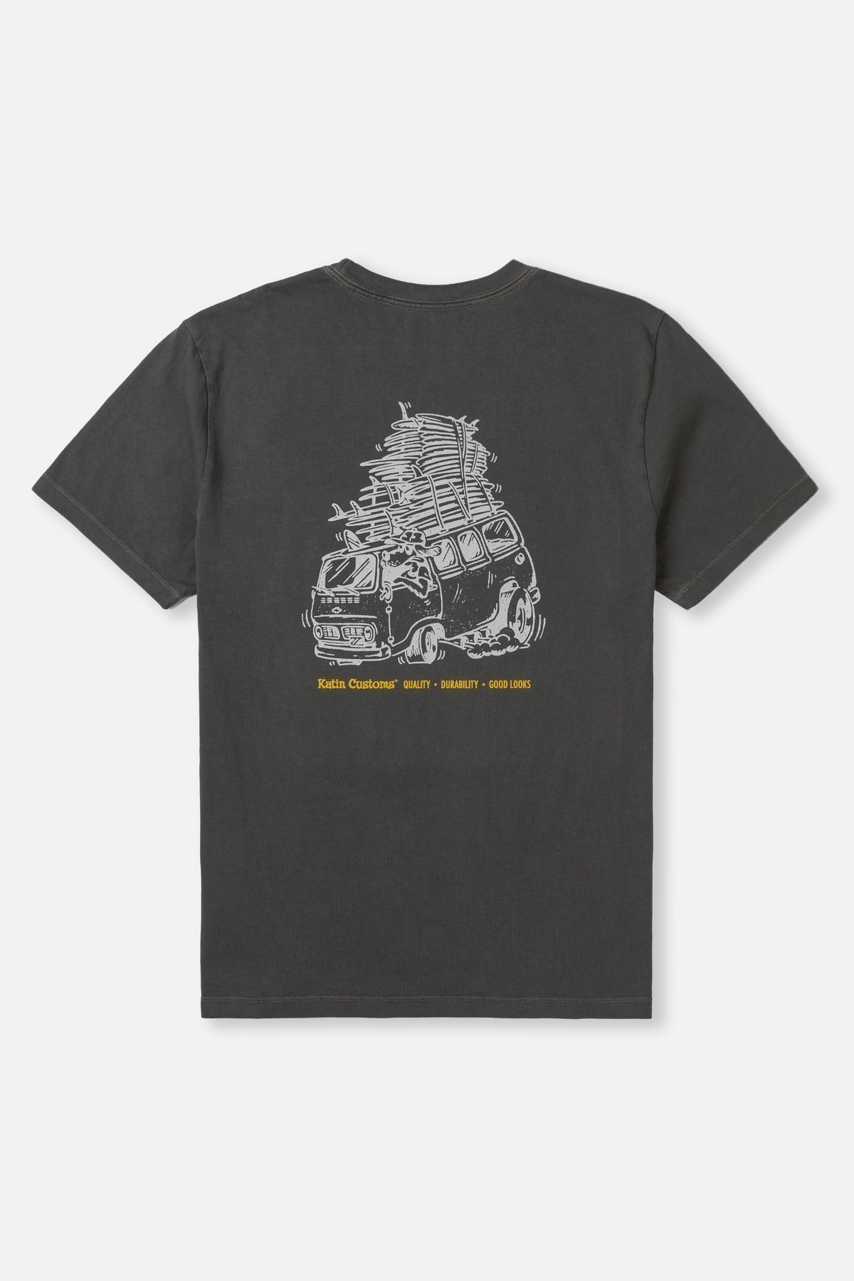Black t-shirt with a graphic design on the back against a white background