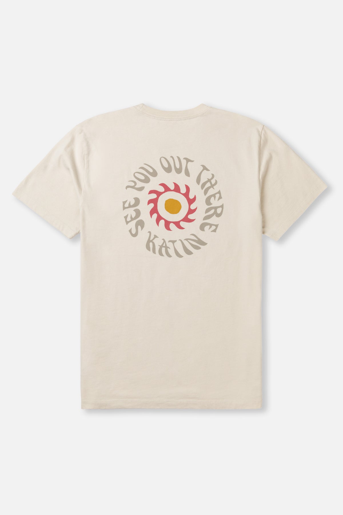 Beige t-shirt with a graphic design on the back against a white background