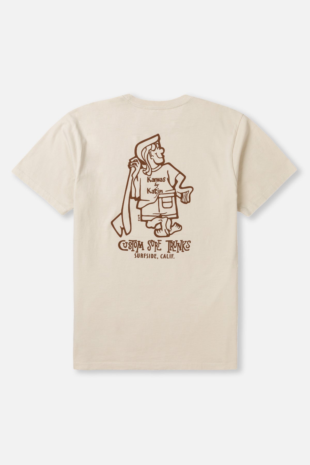 Beige t-shirt with a graphic design on the back against a white background