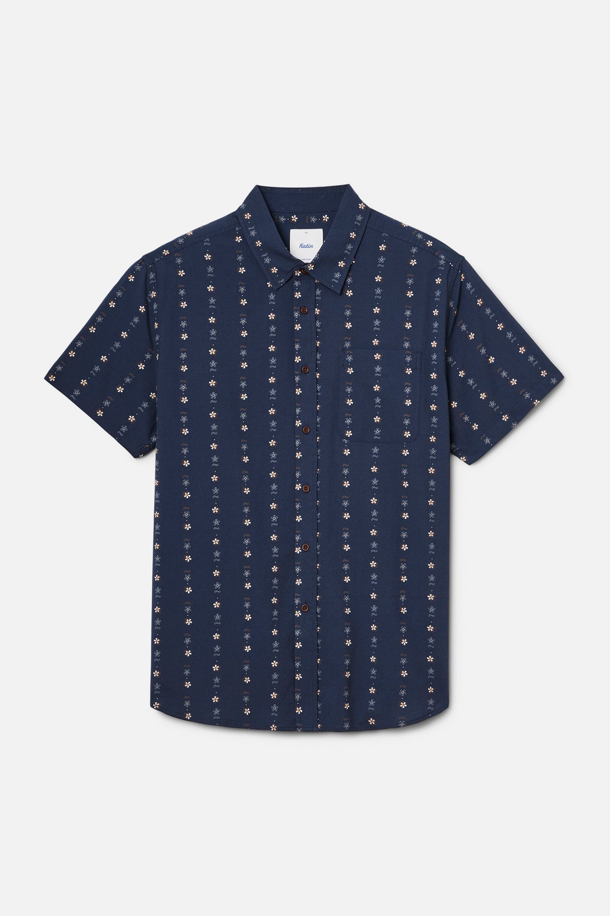 Navy blue short-sleeve shirt with a subtle pattern on a light gray background