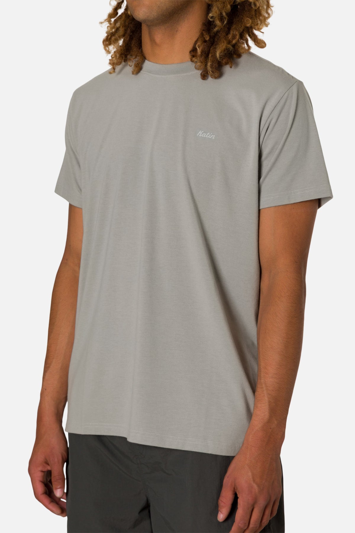 Person wearing a gray t-shirt with a small logo on a white background