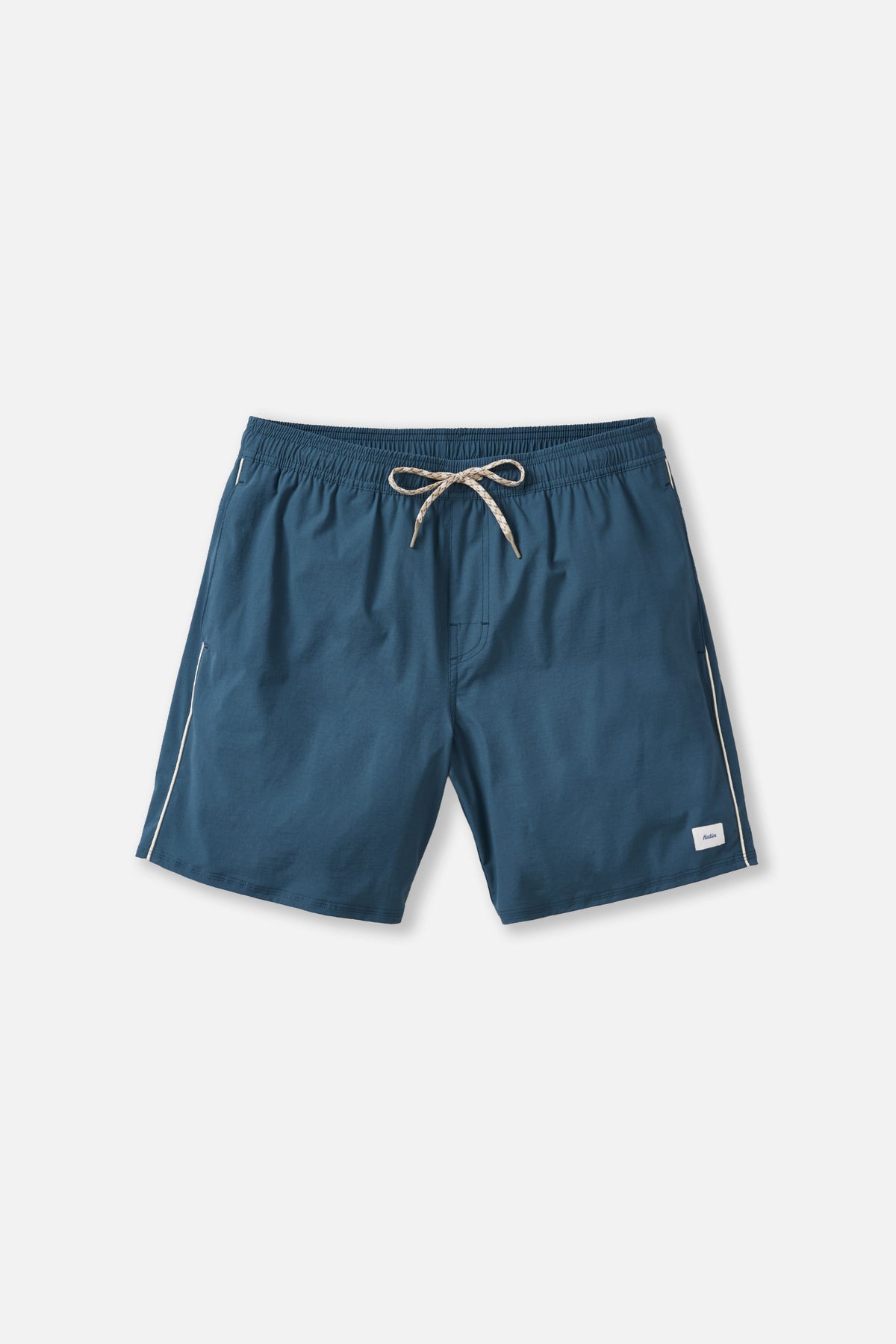 Blue shorts with a drawstring on a light gray background