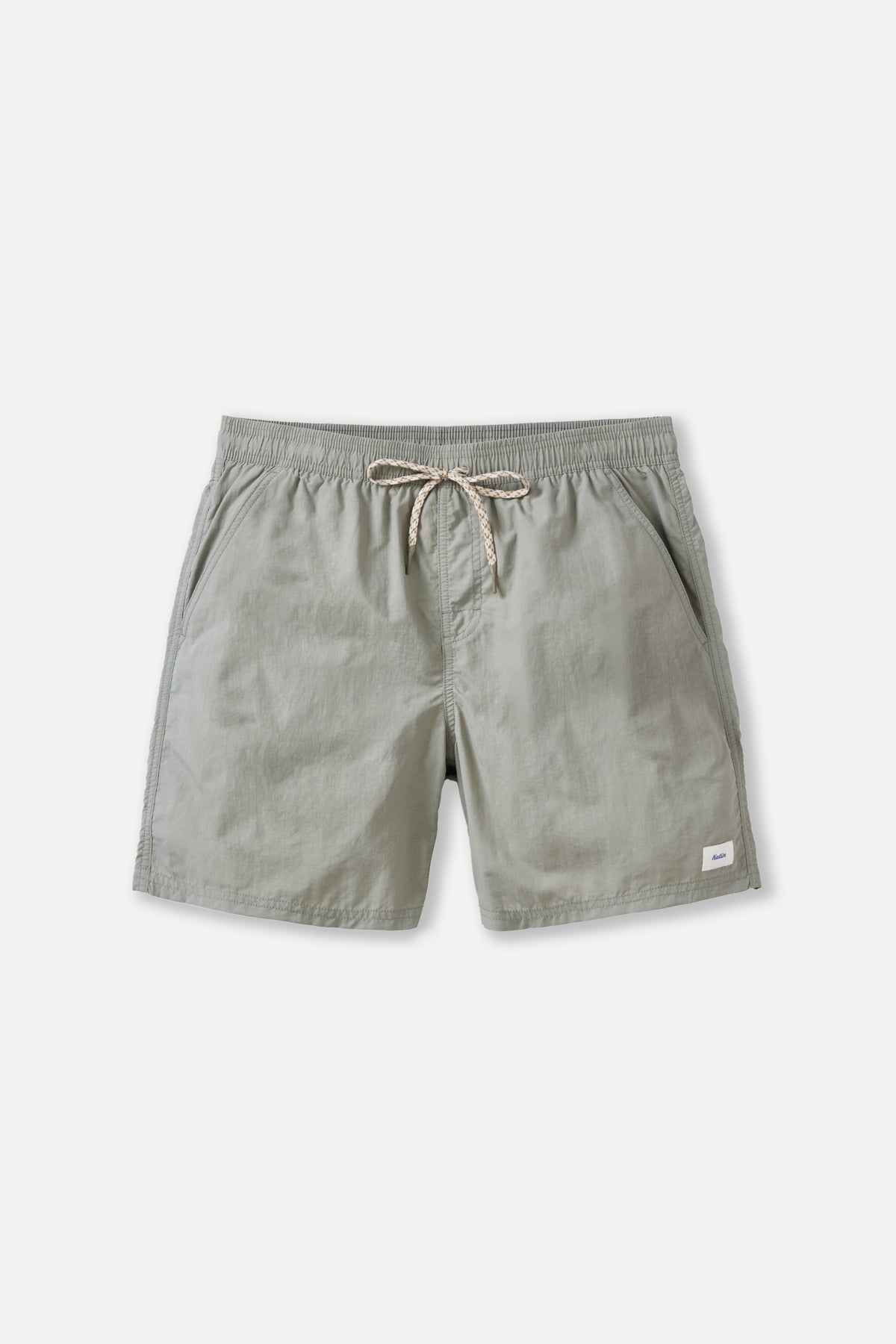 Gray shorts with a drawstring on a white background