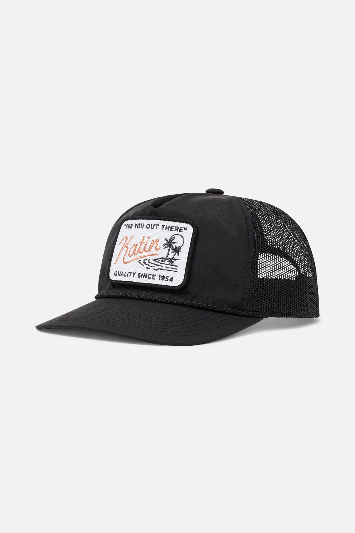 Black mesh cap with a white patch on a white background
