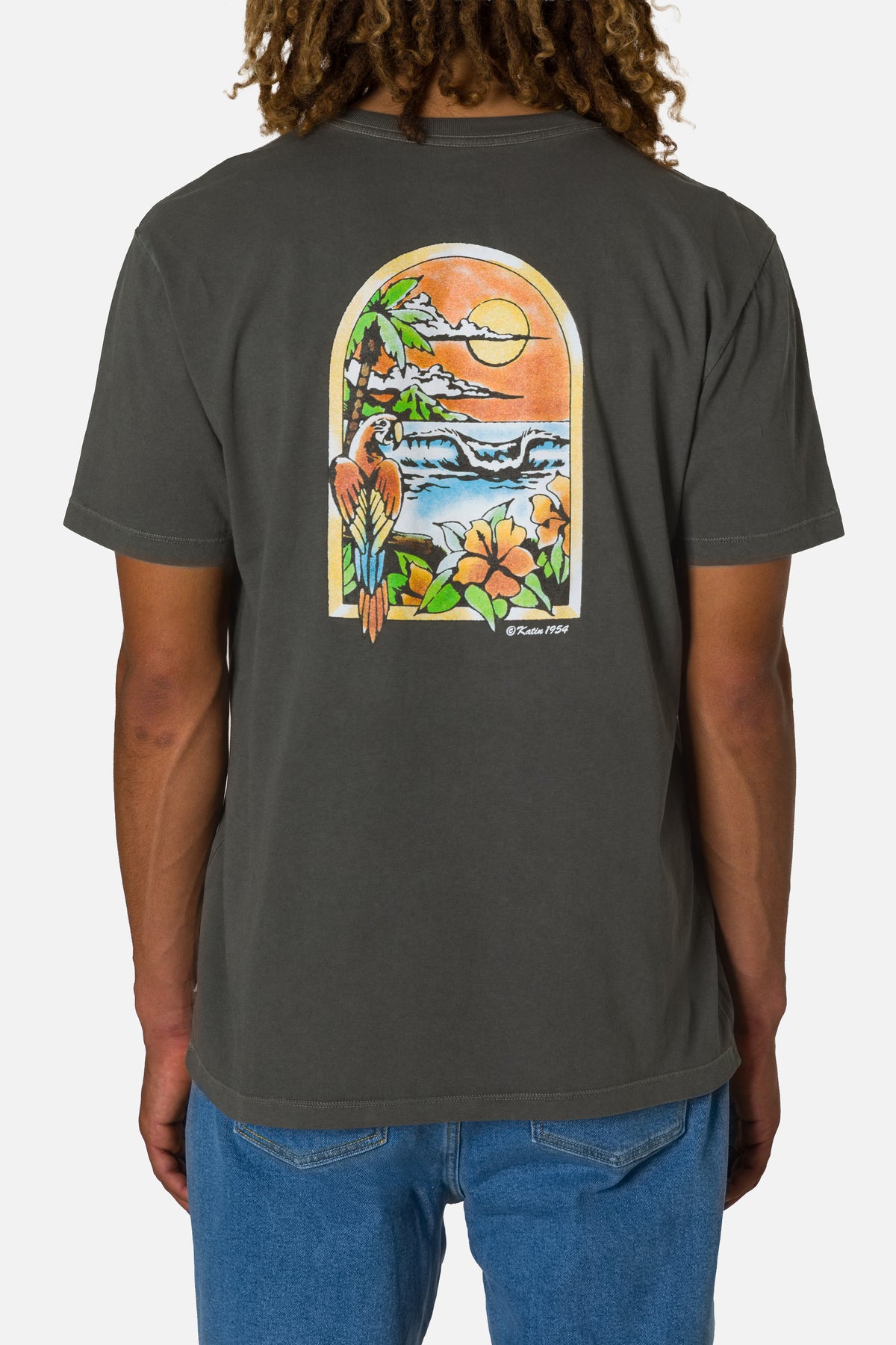 Person wearing a dark gray t-shirt with a colorful graphic on the back, standing against a plain background.