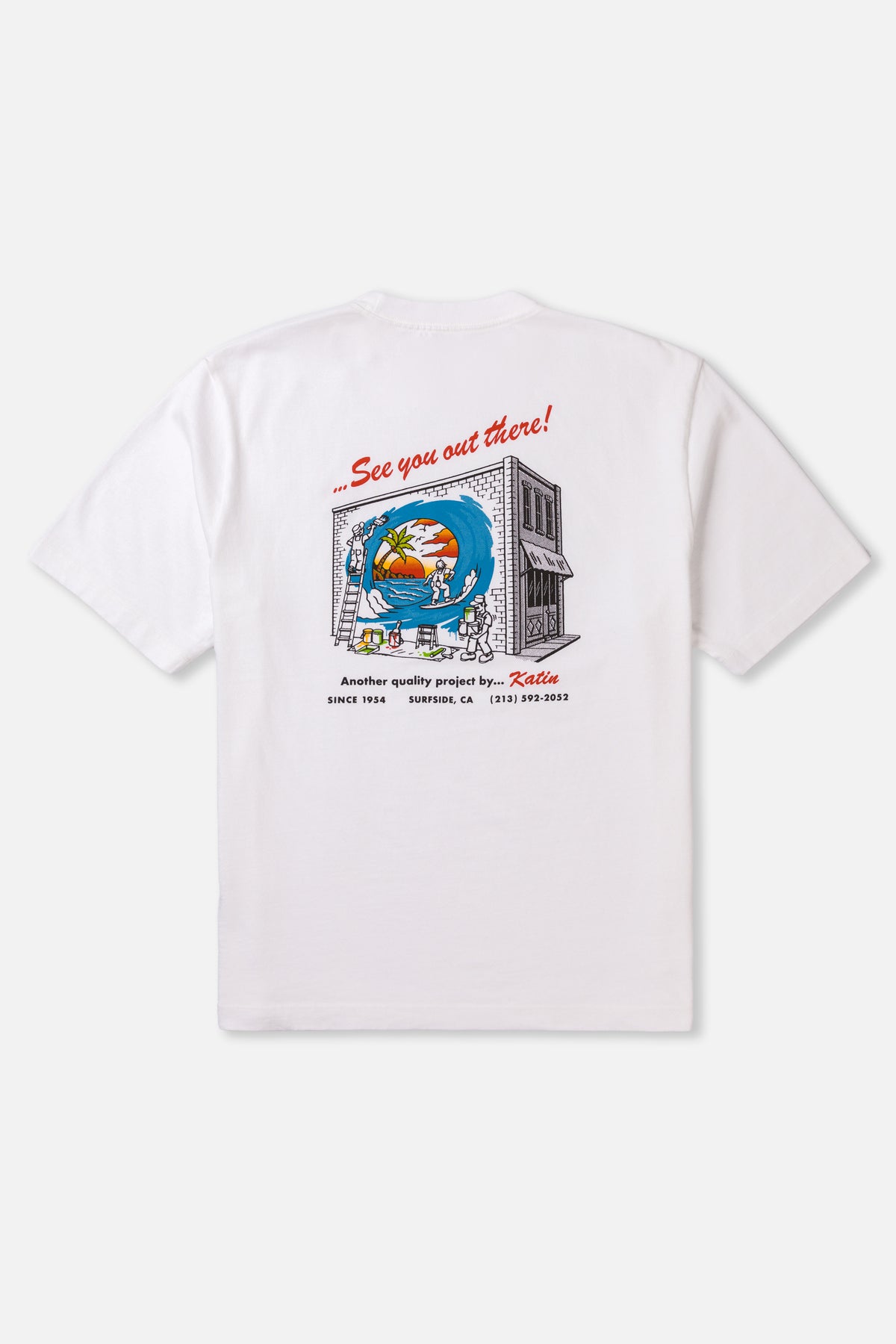 White t-shirt with a graphic design on the back featuring a cartoon character and text.