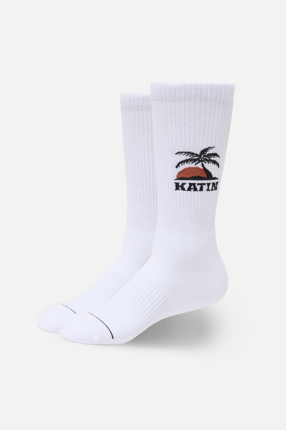 White socks with a palm tree design and 'Katin' text on a white background
