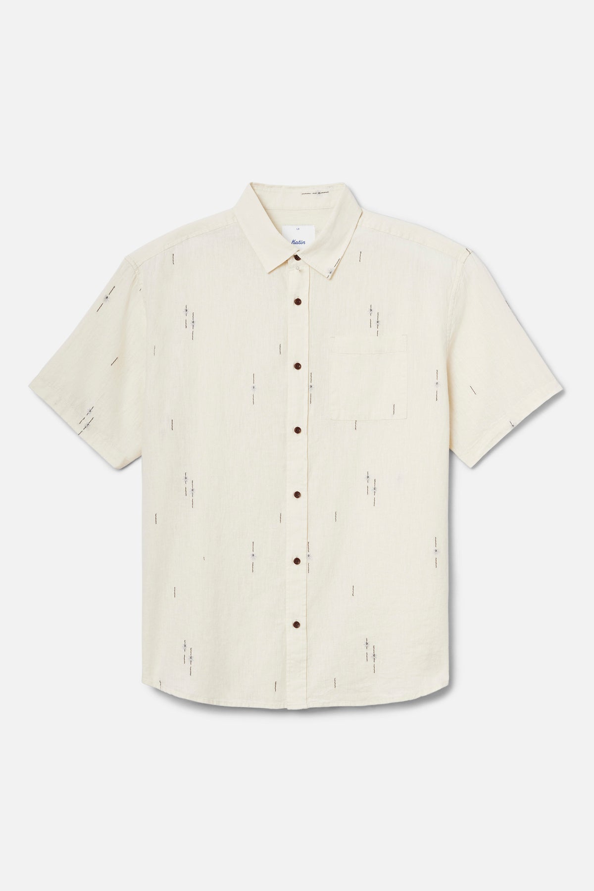 Beige short-sleeve shirt with subtle pattern on a white background