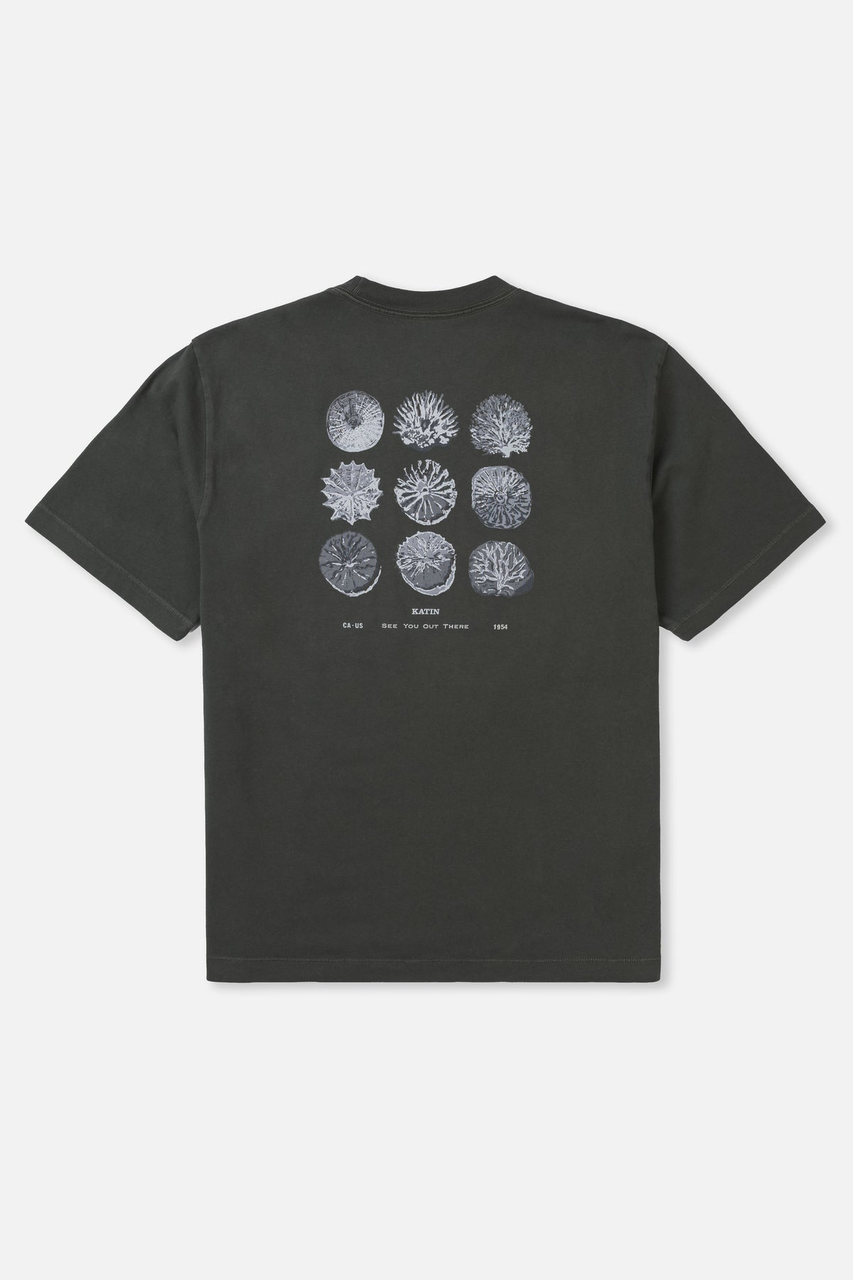 Black t-shirt with white graphic design on a light gray background