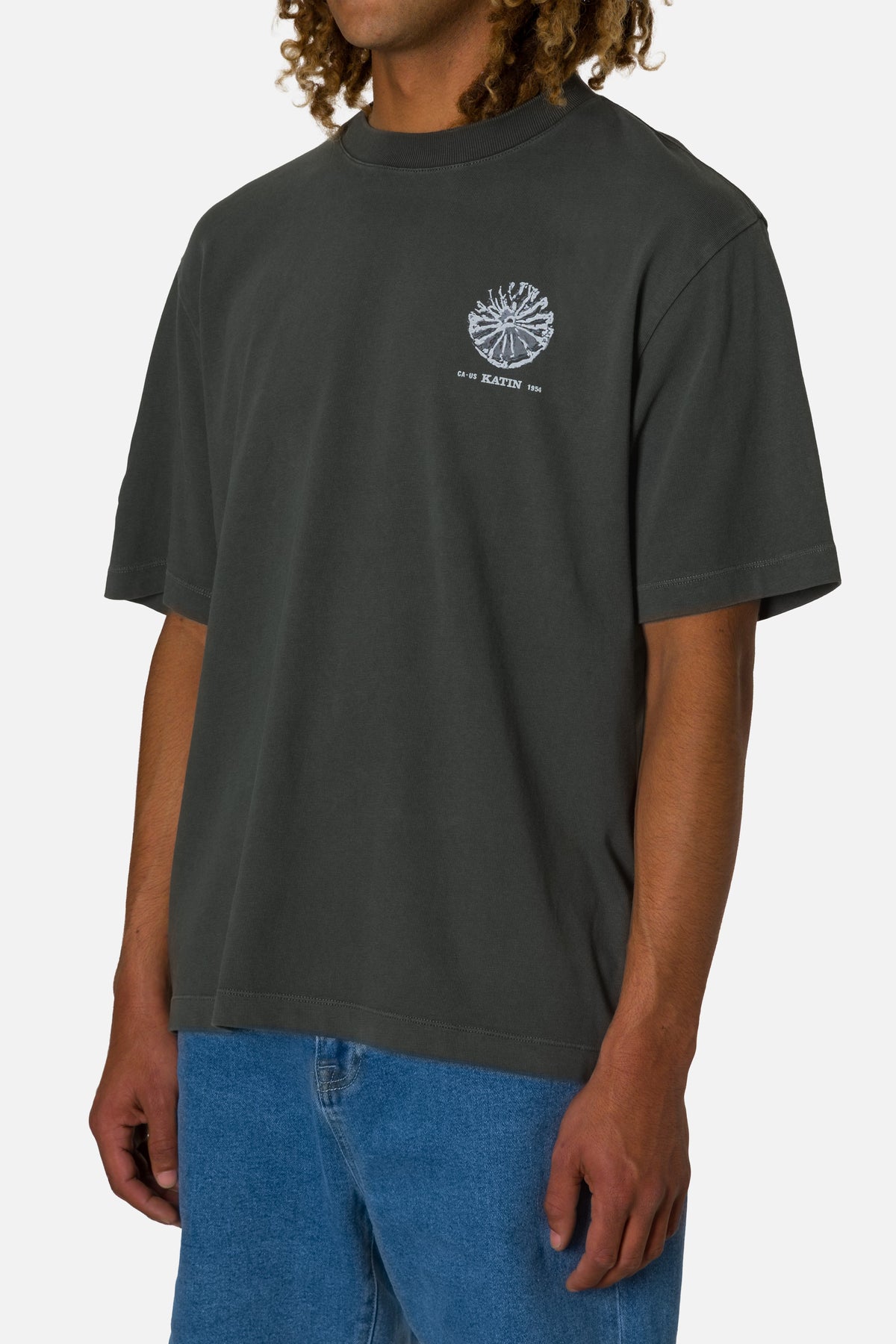 Person wearing a dark gray t-shirt with a logo on a white background