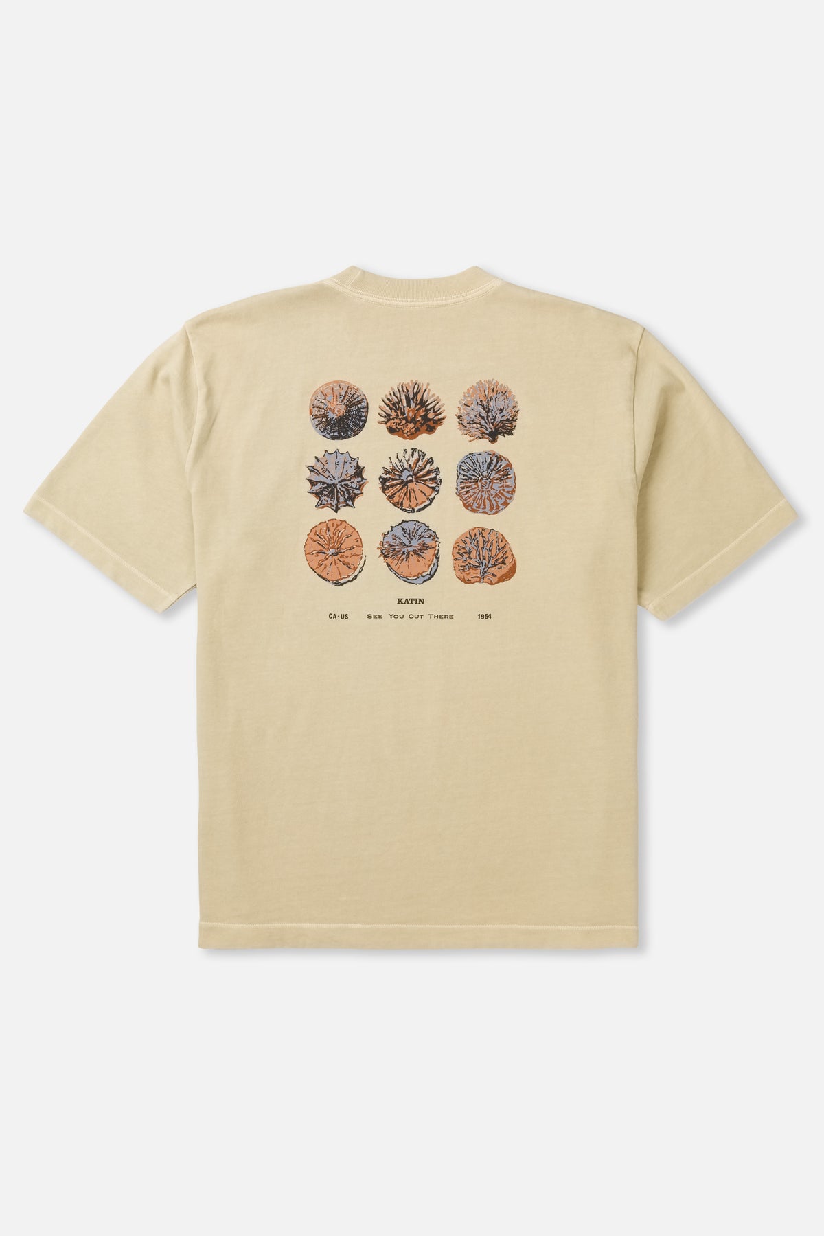 Beige t-shirt with a graphic of nine circular designs on the back against a white background