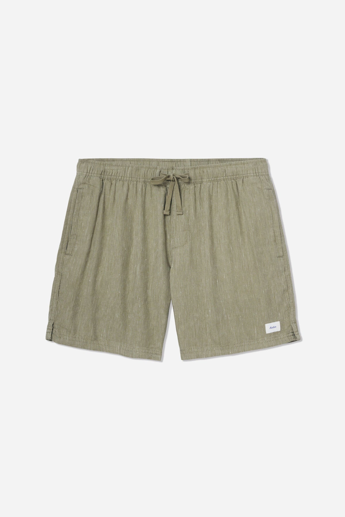 Green shorts with a drawstring on a white background