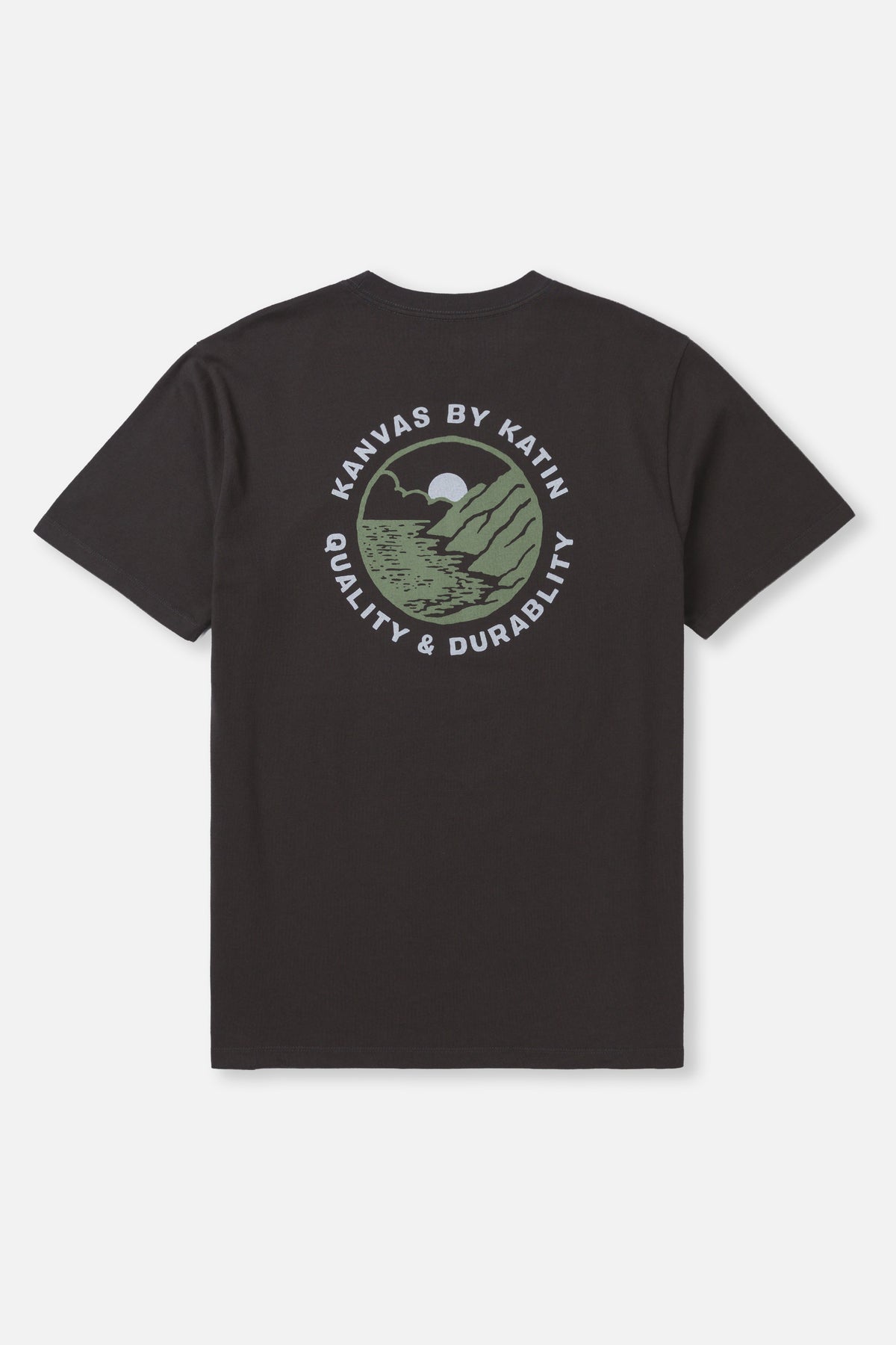 Black t-shirt with a green graphic and text on the back, on a white background