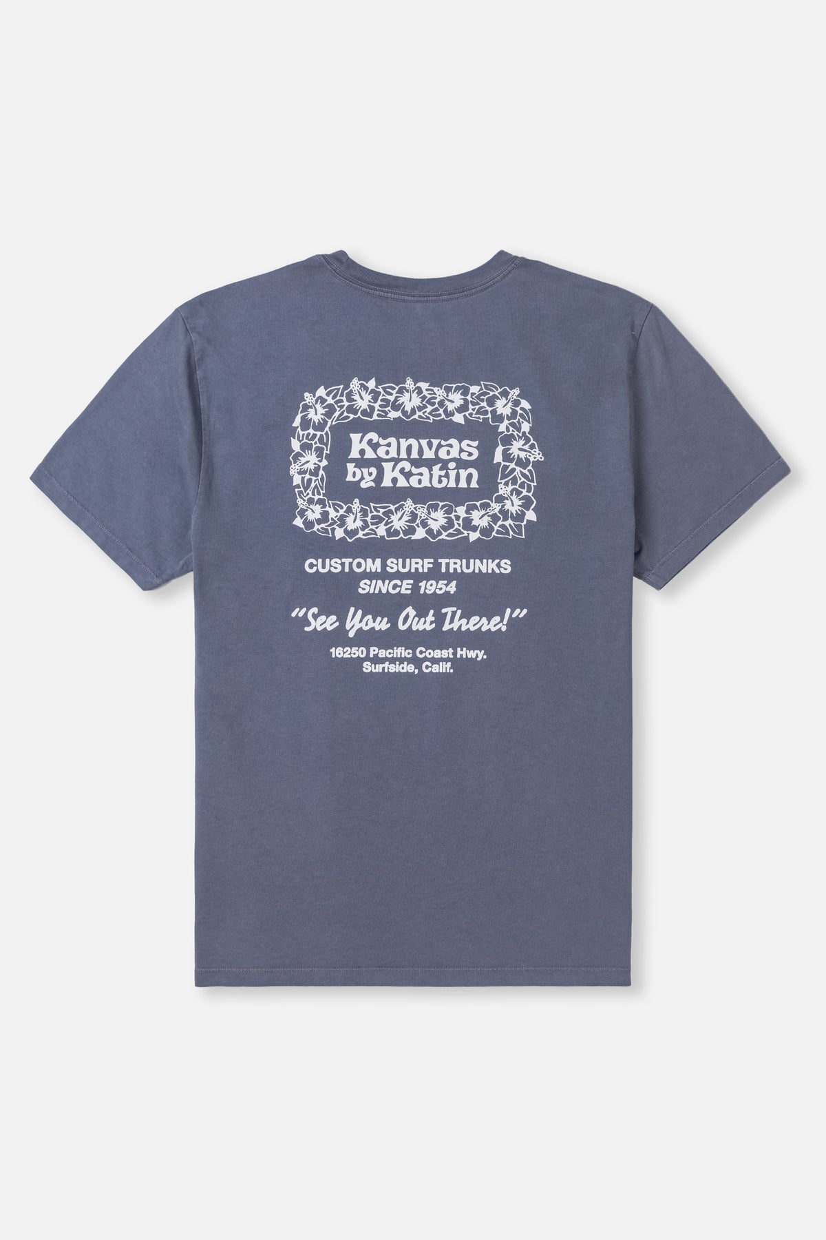 Navy blue t-shirt with white text and branding on a white background