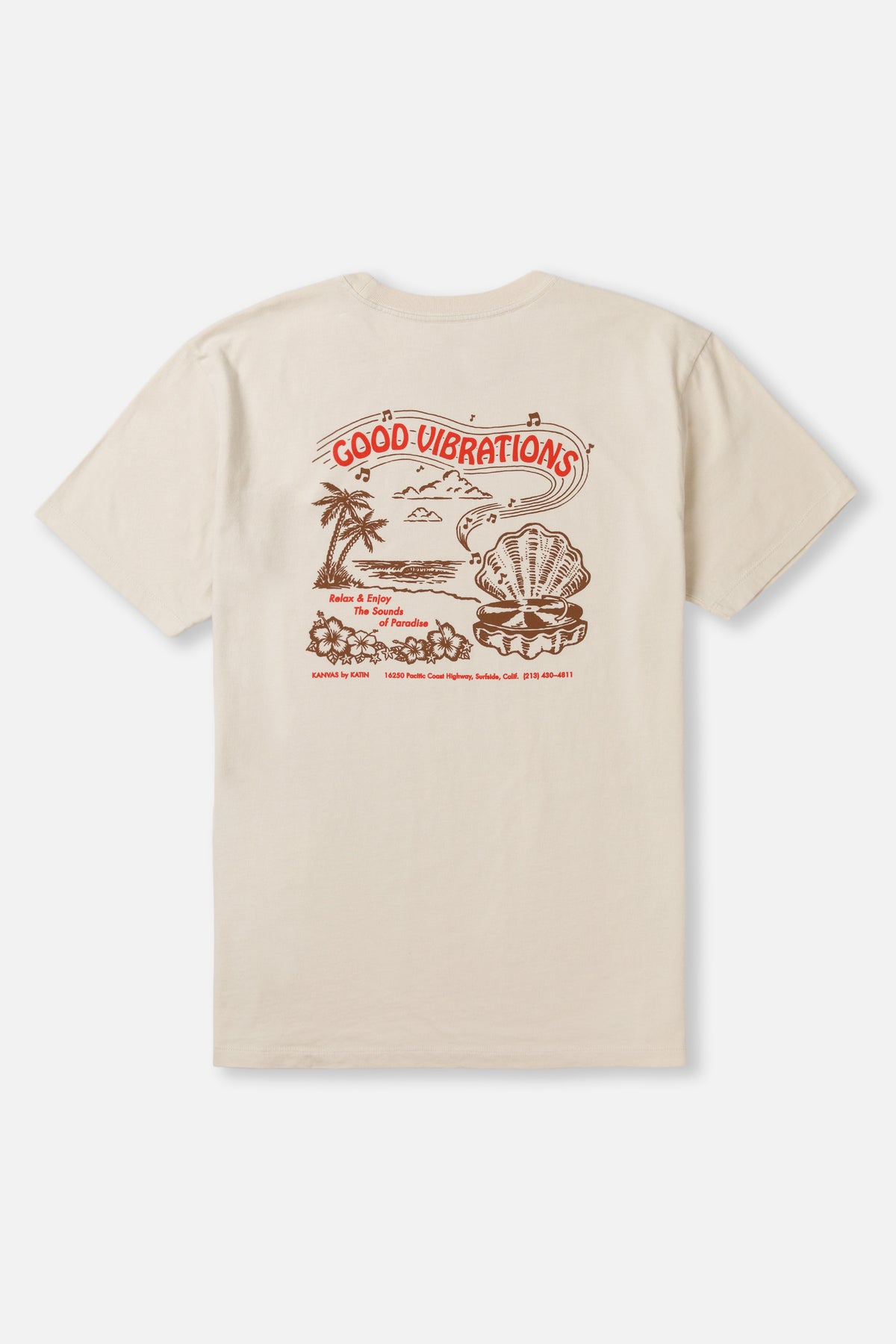 Beige t-shirt with a graphic design on the back featuring text and illustrations.