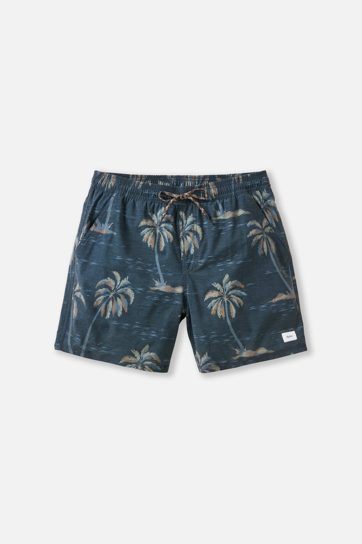 Blue shorts with palm tree pattern on a white background