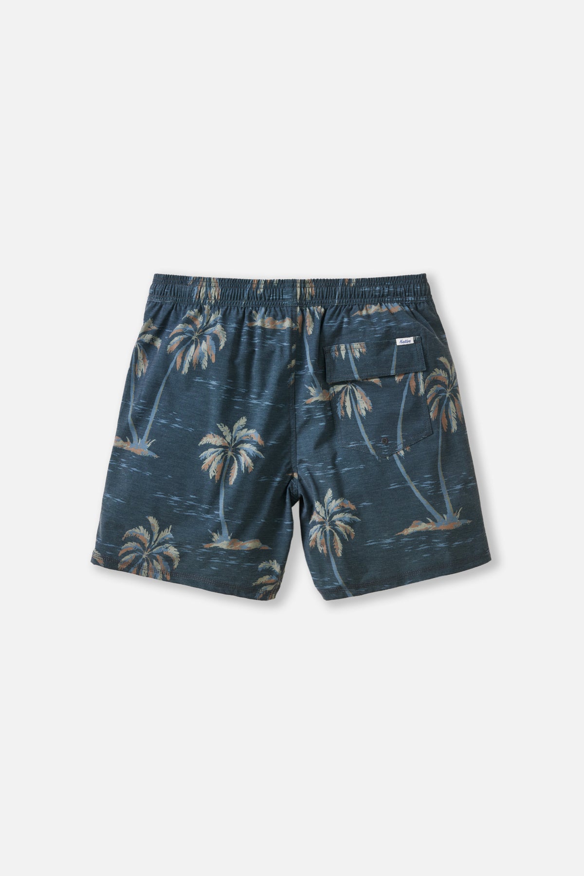 Blue shorts with palm tree pattern on a white background
