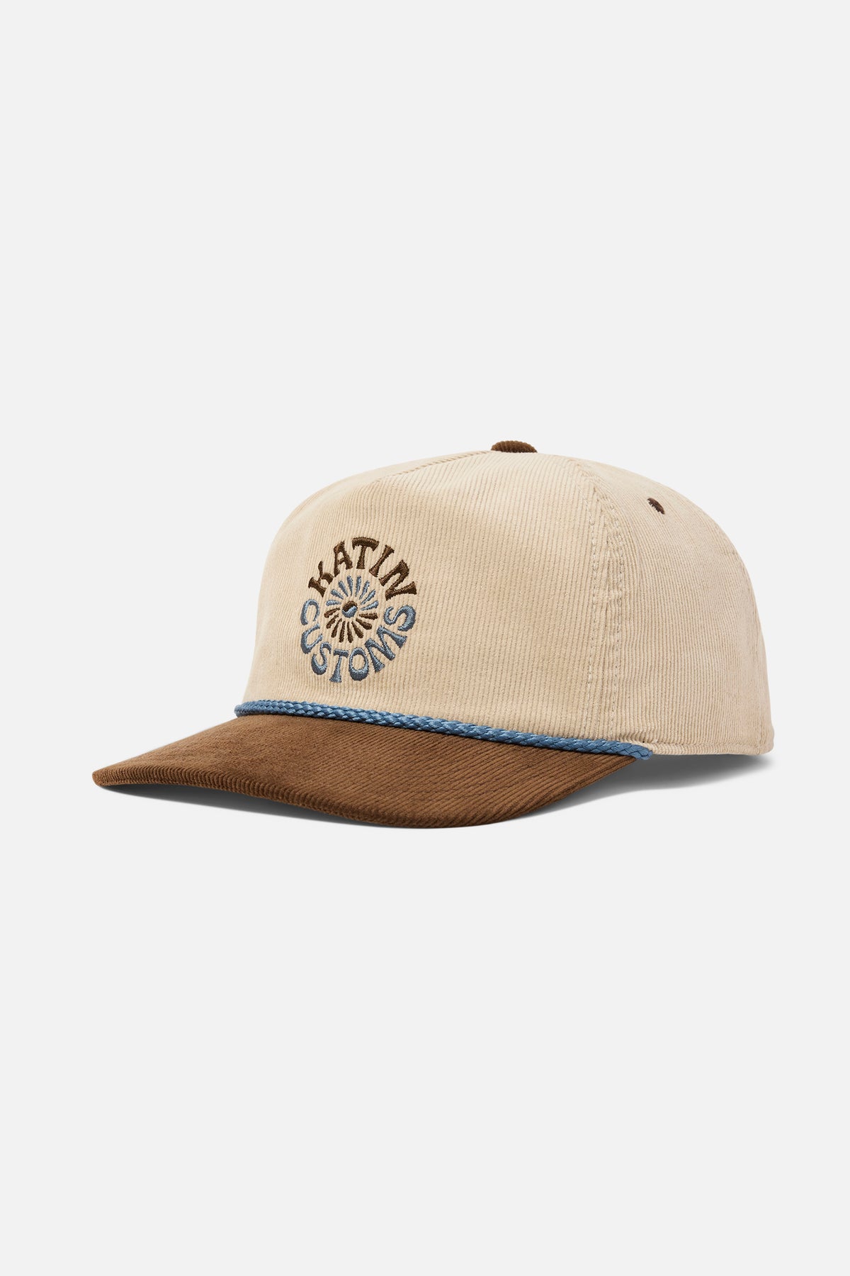 Two-tone beige and brown cap with a logo on a white background
