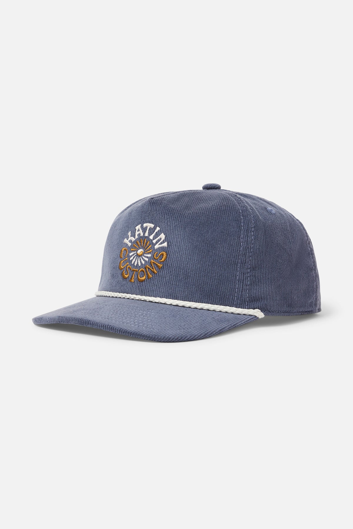 Blue corduroy hat with Katin Customs branding