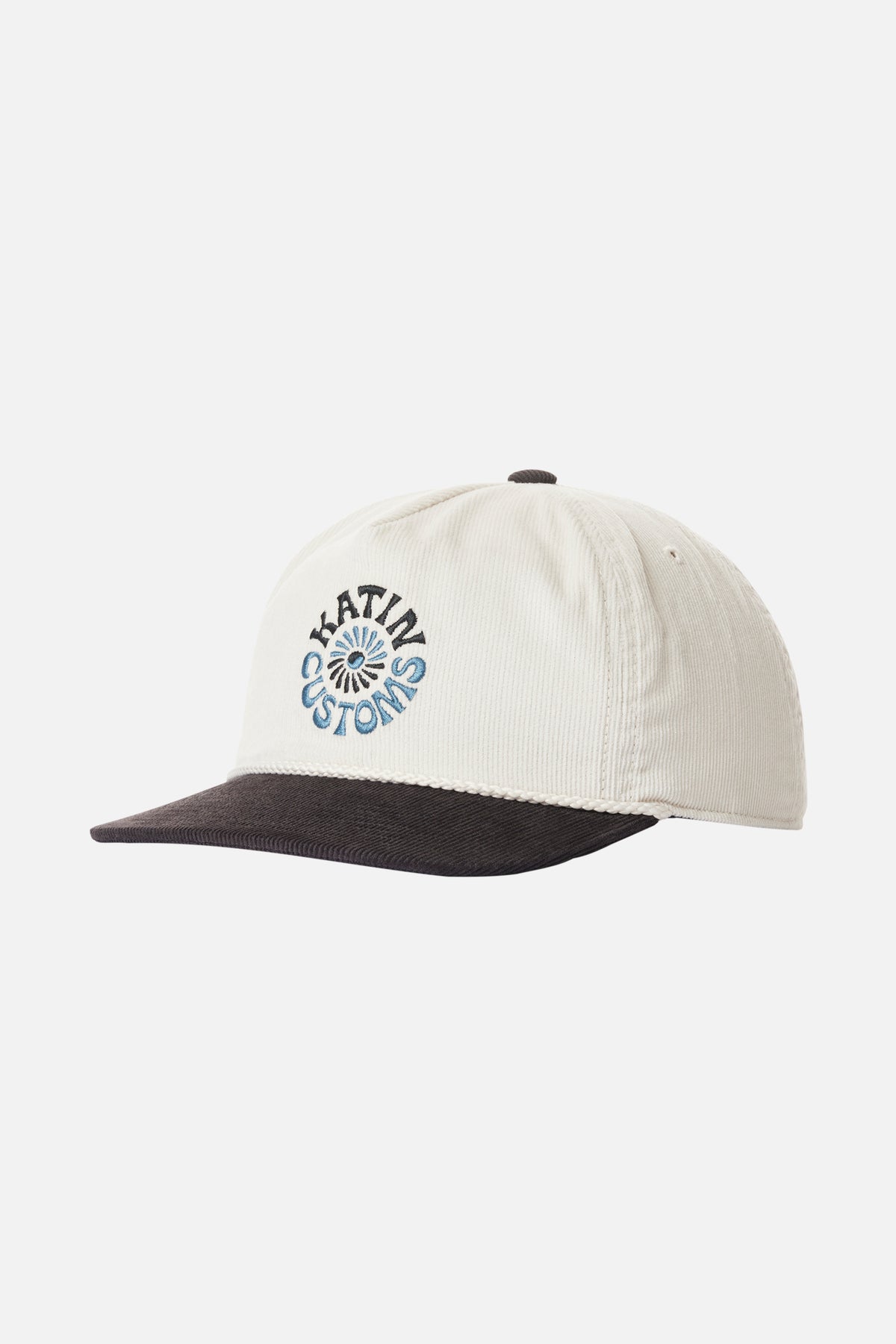 White cap with black visor and brand logo on a white background