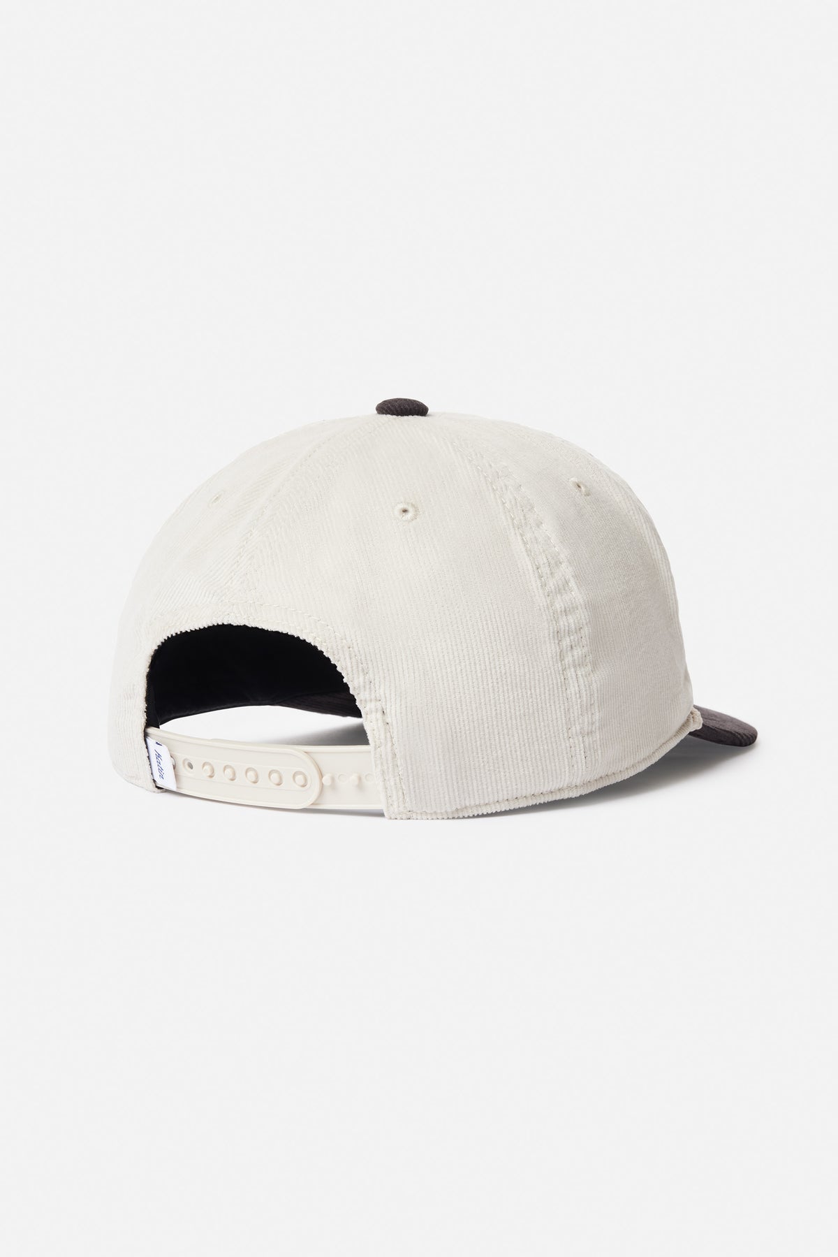 White cap with black interior and brim on a white background