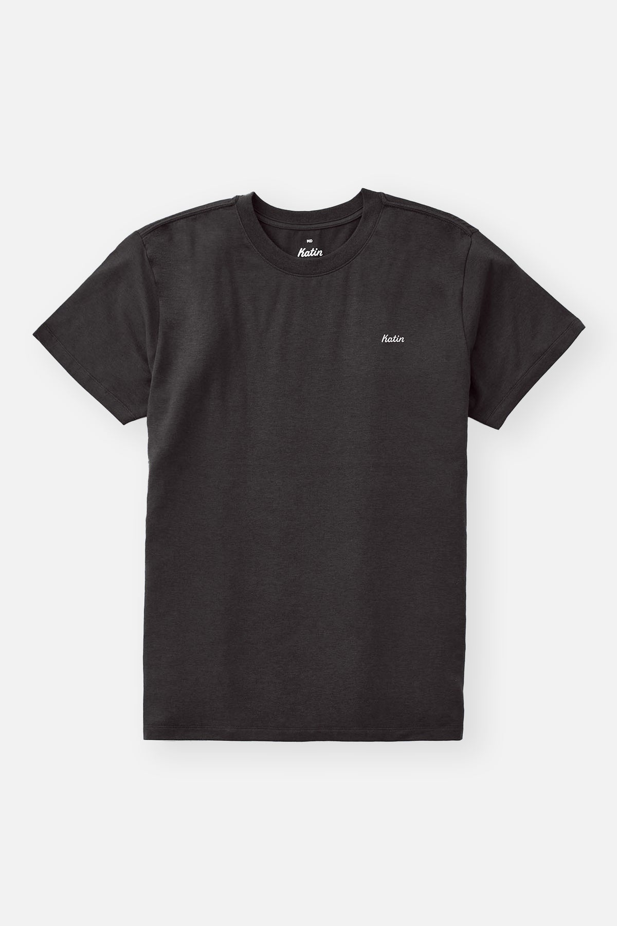 Black t-shirt with a brand logo on a white background