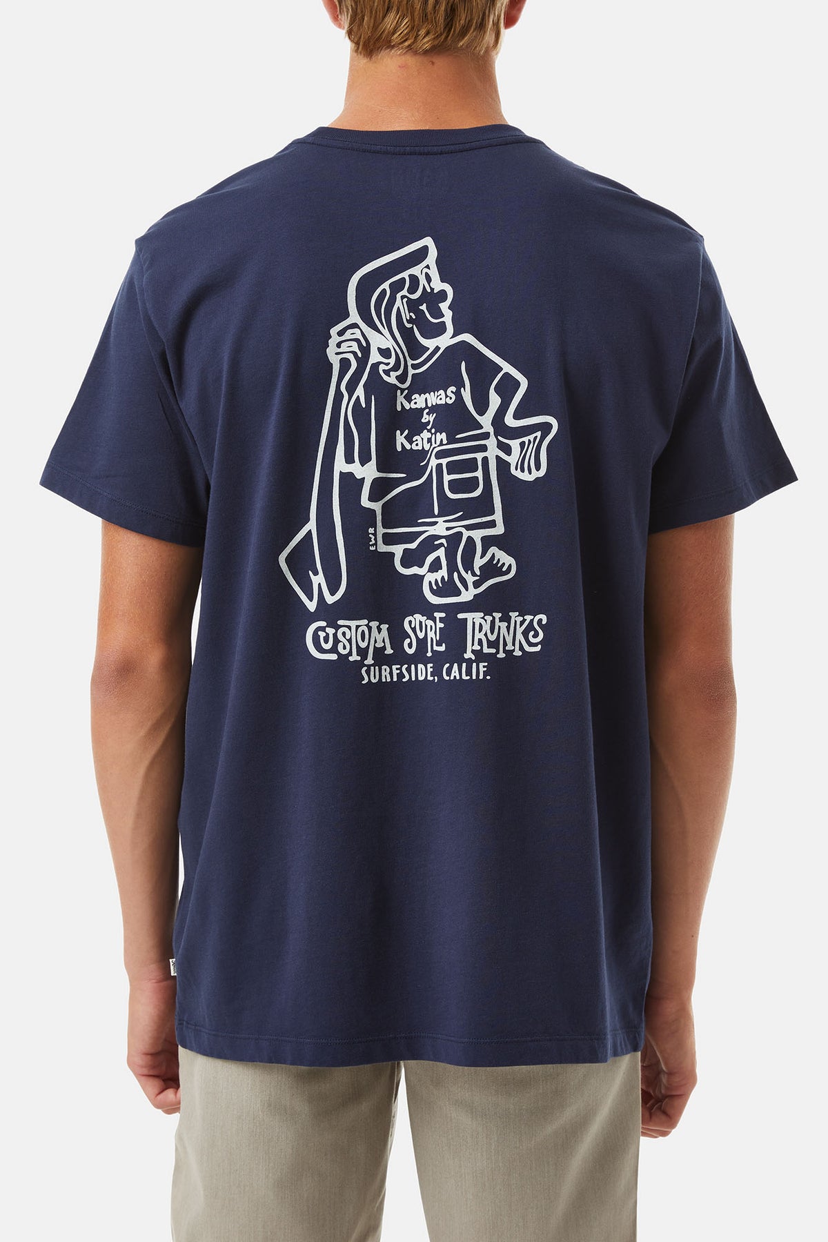 model wearing Polar navy shirt with White K-Man Graphic on a white background