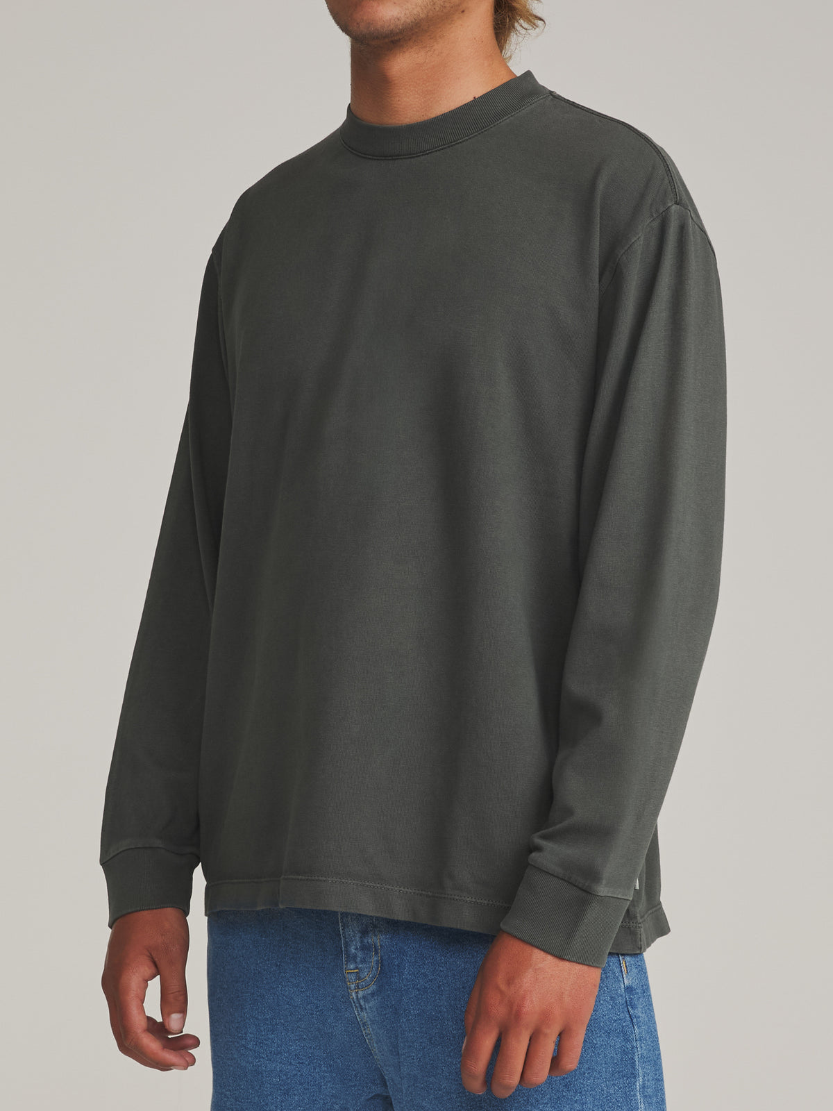 Katin Box Fit LS Tee in Black Vintage Wash - worn on model, side