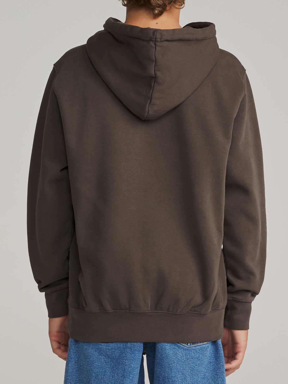Katin Boys Embroidered Hoodie in Lead Vintage Wash heavyweight fleece with an embroidered Katin script logo, worn by a model, back view #color_lead vintage wash