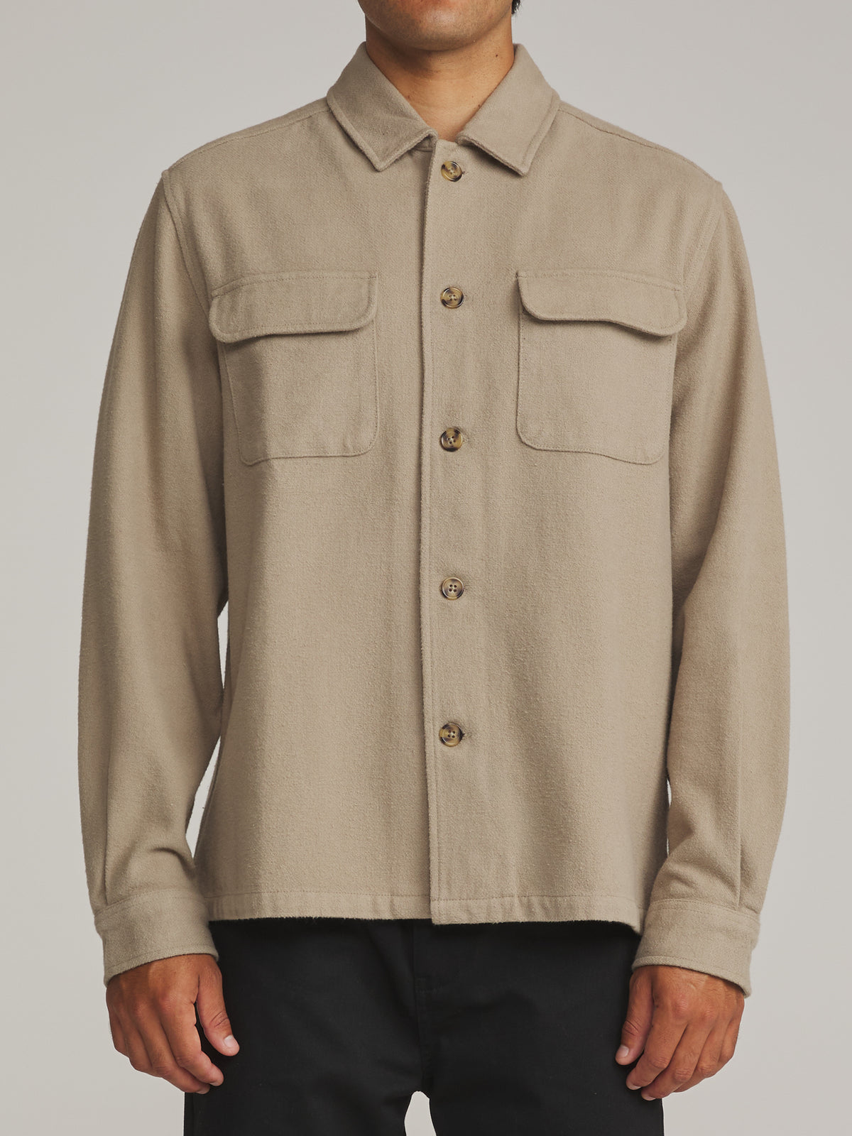 Katin Shiloh Flannel in Khaki - worn on model, front