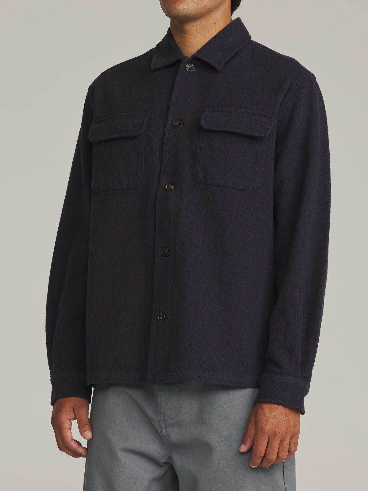 Katin Shiloh Flannel in Navy - worn on model, side