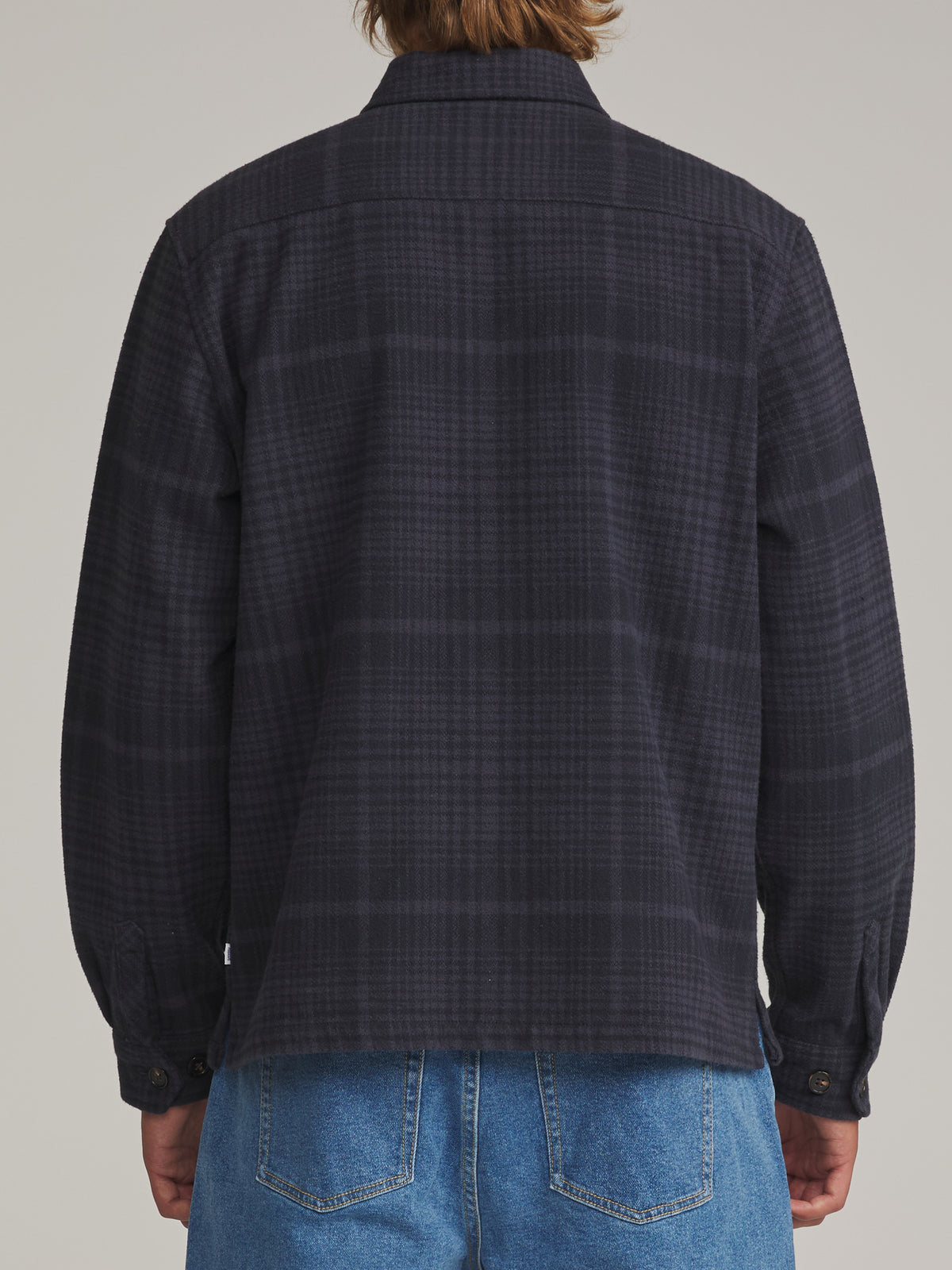 Katin Shiloh Flannel in Navy Plaid - worn on model, back