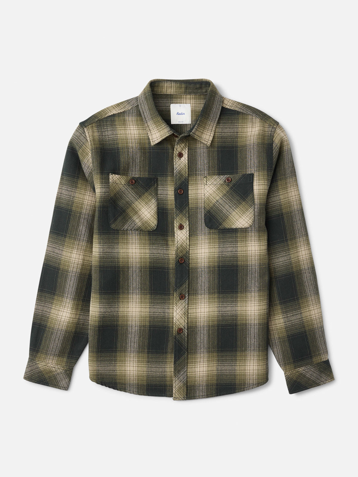 Katin Sierra Flannel in Dark Olive midweight flannel, flat, front #color_dark olive