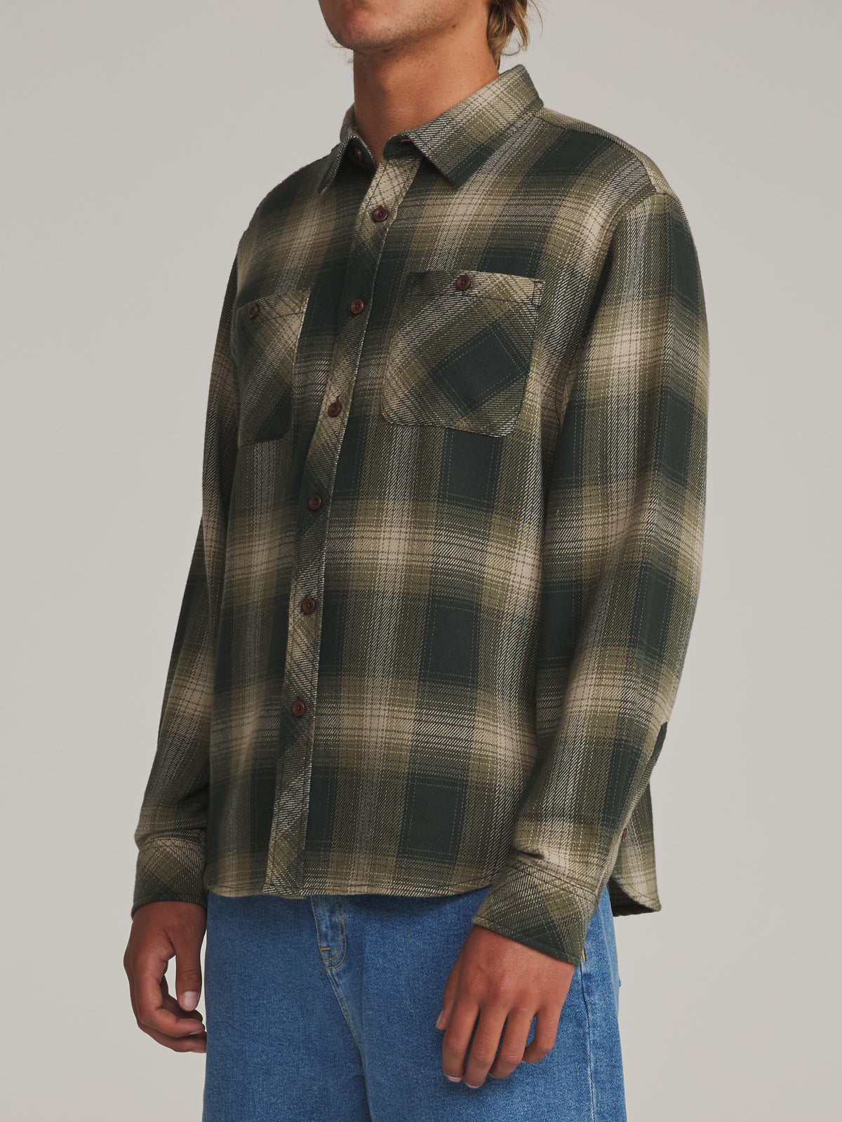 Katin Sierra Flannel in Dark Olive midweight flannel, on model, side #color_dark olive