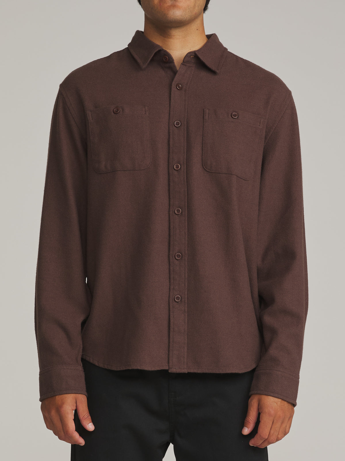 Katin Sierra Flannel in French Roast midweight flannel, on model, front #color_french roast