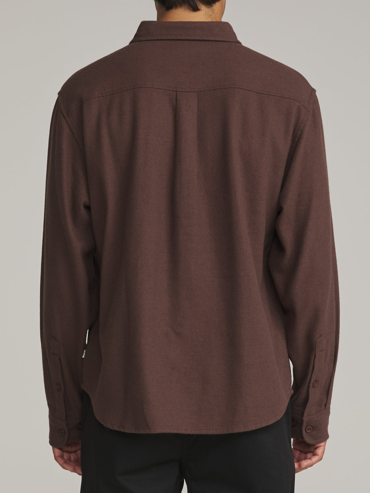 Katin Sierra Flannel in French Roast midweight flannel, on model, back #color_french roast